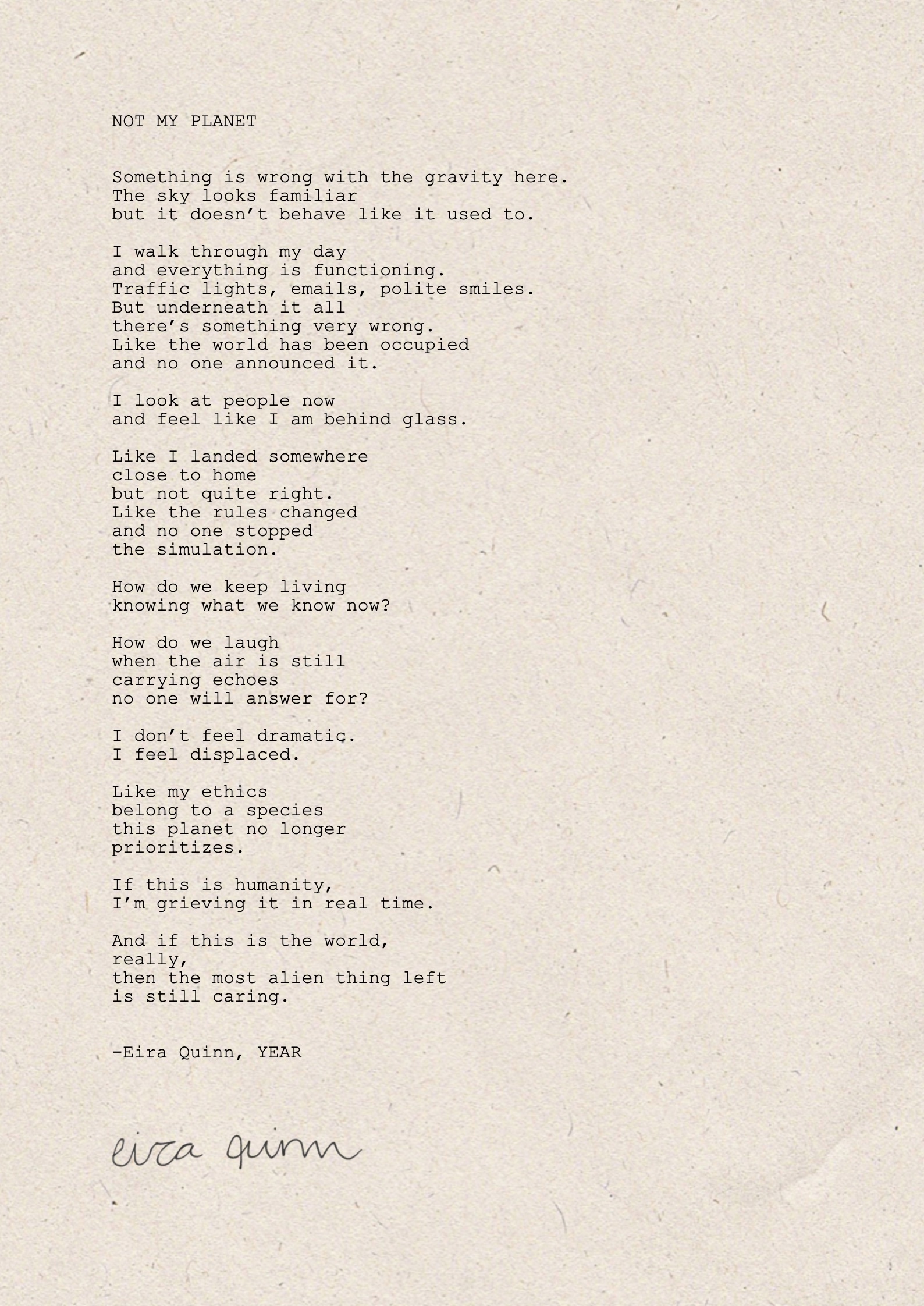 Mockup of "Not My Planet" hand-typed on A4 handmade paper